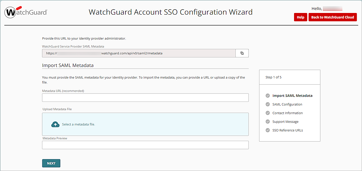 Screenshot of WGID, SP SAML metadata url
